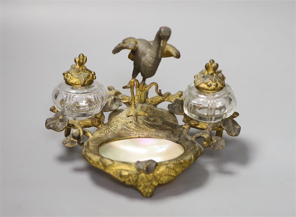 A 19th century French brass gilt metal and mother of pearl crane desk stand, height 13cm